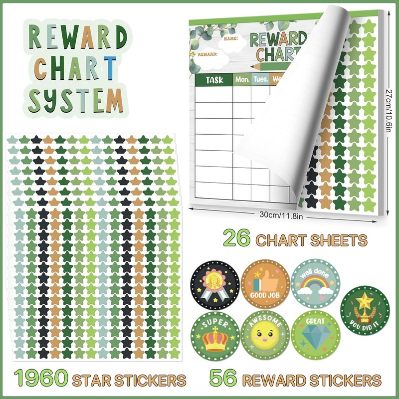 KEASKELL Reward Chart for Kids,Magnetic Behavior Chore Chart for Kids at Home,26 Eucalyptus Chore Charts,1960 Star Stickers,56 Reward Stickers,Incentive Chart to Develop Responsibility and Good Habits,Greenery - Image 3
